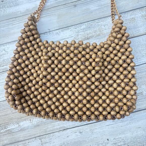 VTG Purse Shoulder Bag Wooden Beaded Bohemian Retro Unique 60s Festival Hippie - Picture 2 of 13